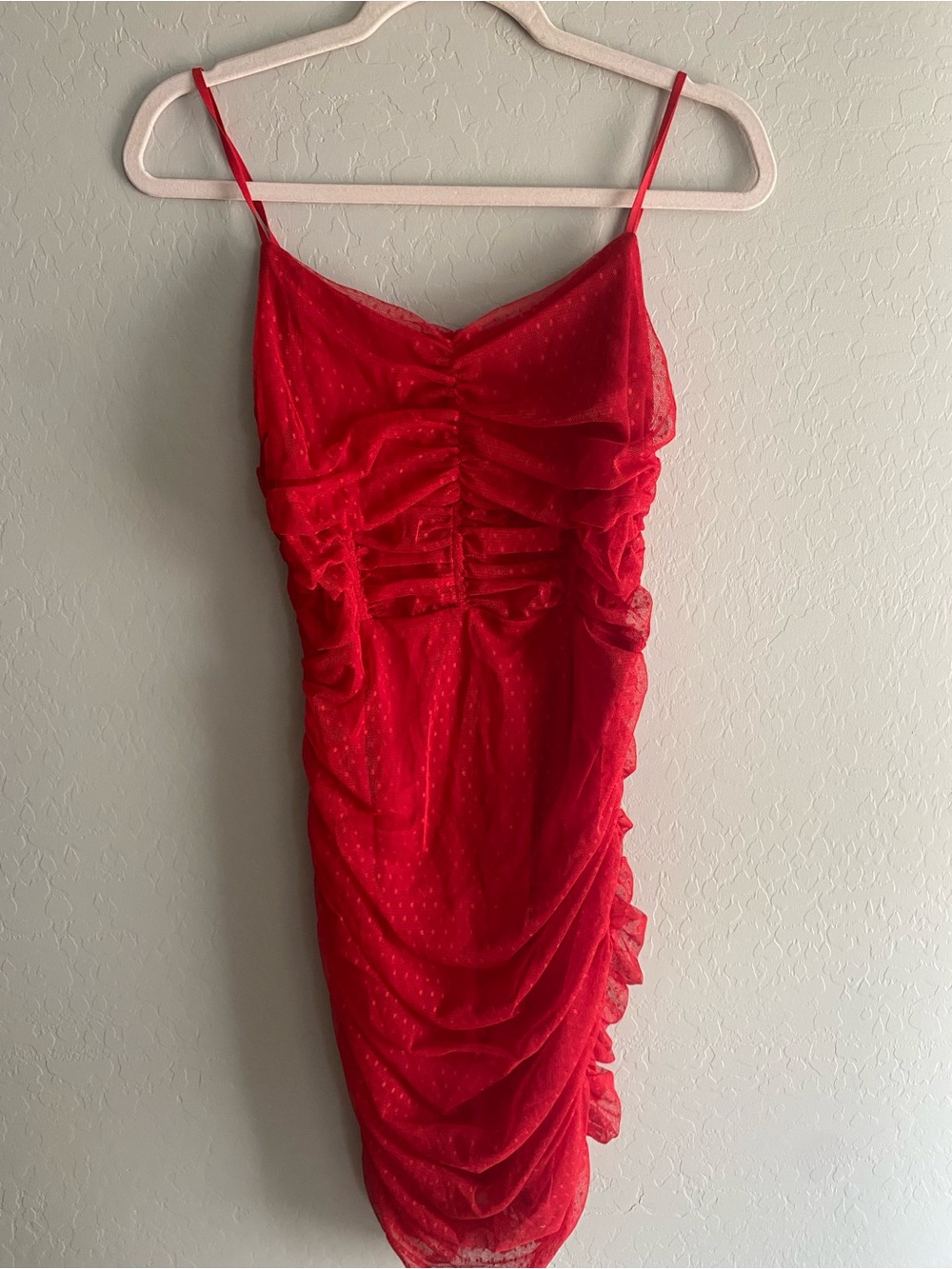 THE SANG Red Swiss Dot Mesh Ruched Asymmetric Ruffle Bodycon Dress L